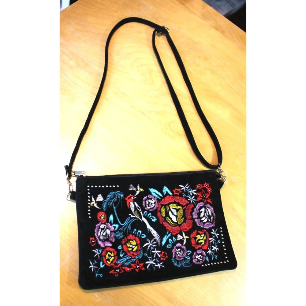 Black Embroidered Crossbody Bag Floral Bird Unbranded Adjustable Velvet Purse